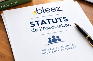 Statuts d'association loi 1901 rédigés avec Bleez, posés sur un bureau avec un stylo